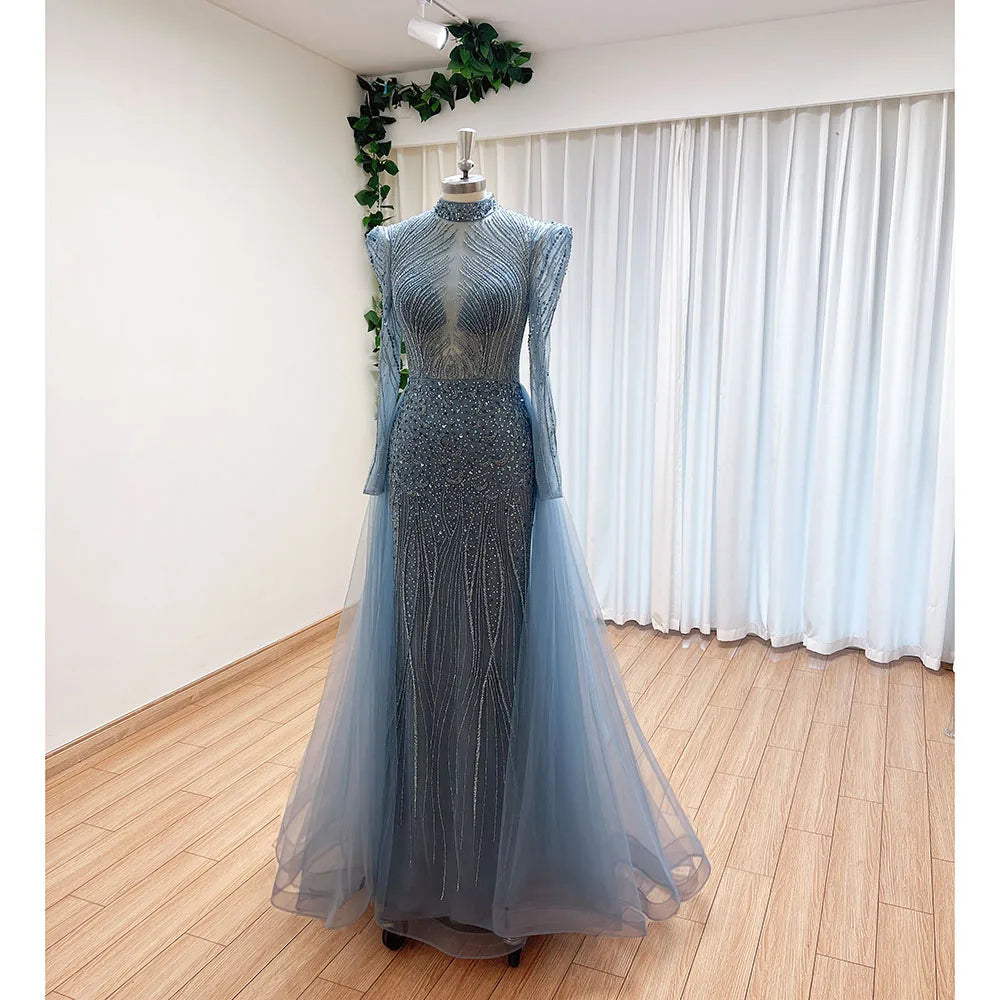 Elegant Muslim Evening Dress for Women 2026 Luxury Dubai High Neck Long Sleeves Beads Formal Prom Wedding Party Gowns Customized