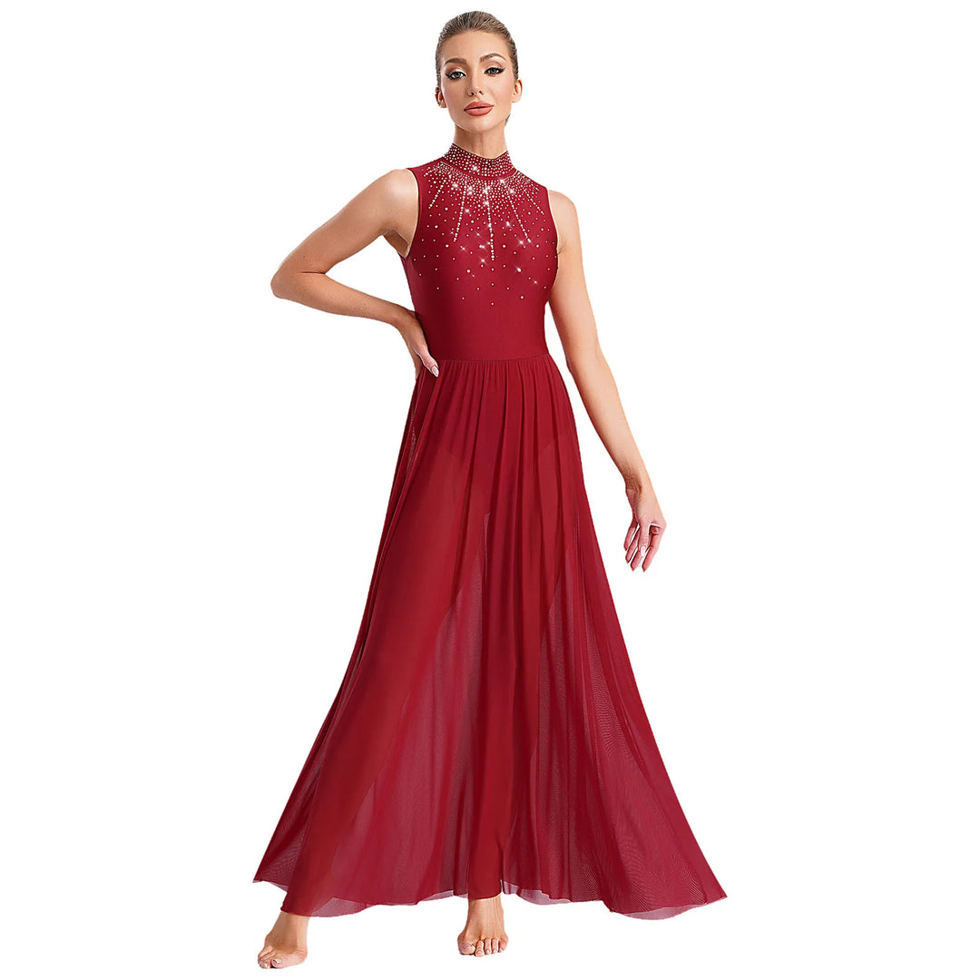 Women Lyrical Dance Dress Halter Glittery Rhinestones Patchwork Irregular Mesh Ruffled Hem Dress for Dance Classes Competition
