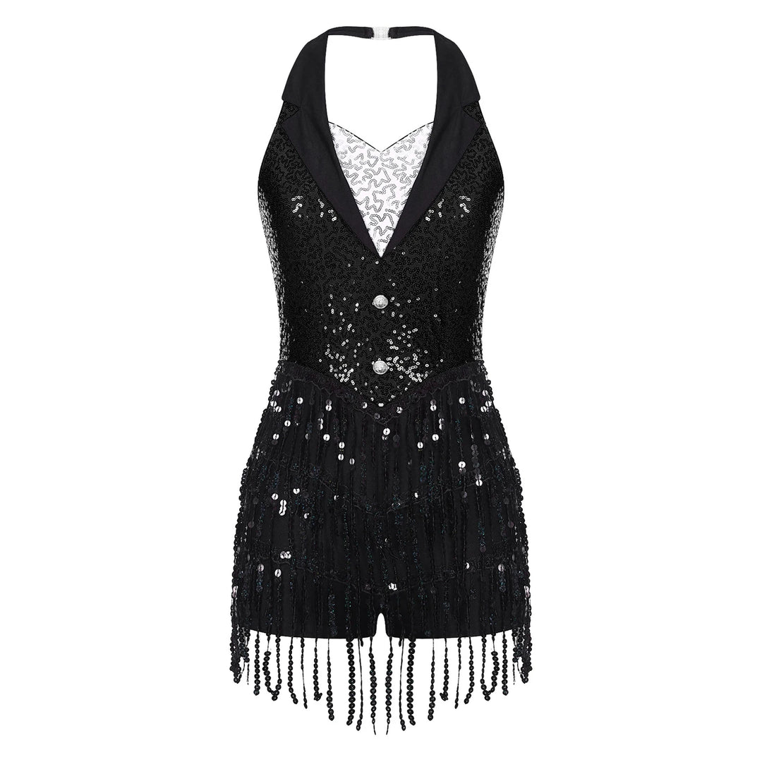 Women Modern Dance Dress Performance Costume Shiny Sequins Sleeveless Latin Jazz Tango Salsa Dance Leotard Bodysuit Dress Outfit
