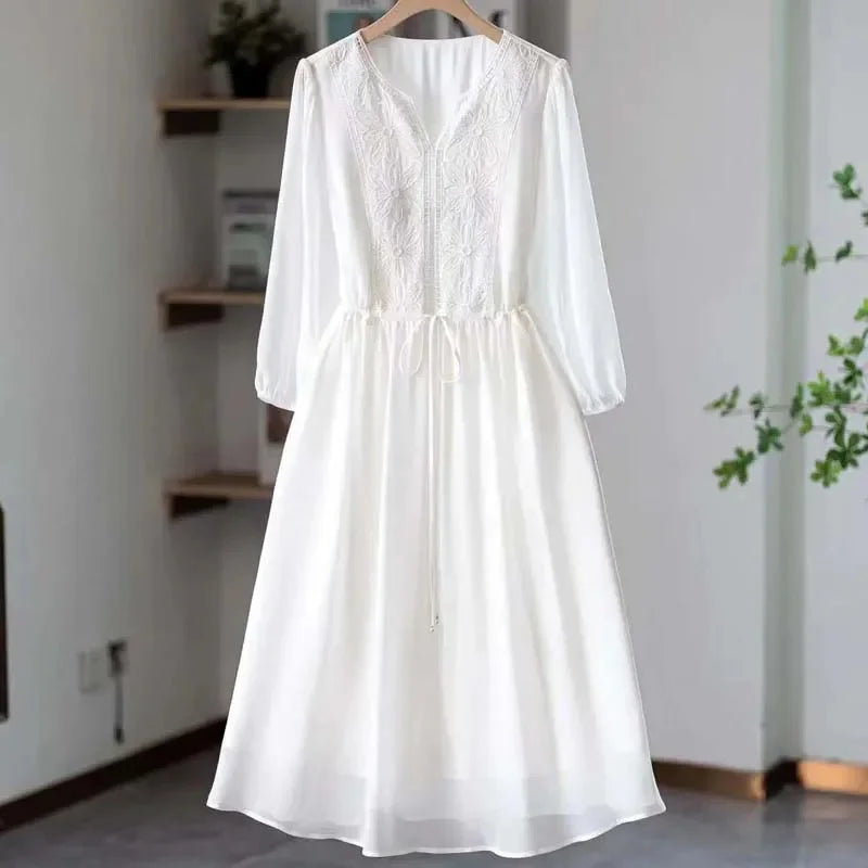 Embroidered Chiffon Dress For Women Spring/Summer New High end Dresses Loose Mom Long Dresses Femme Vestidos New ﻿