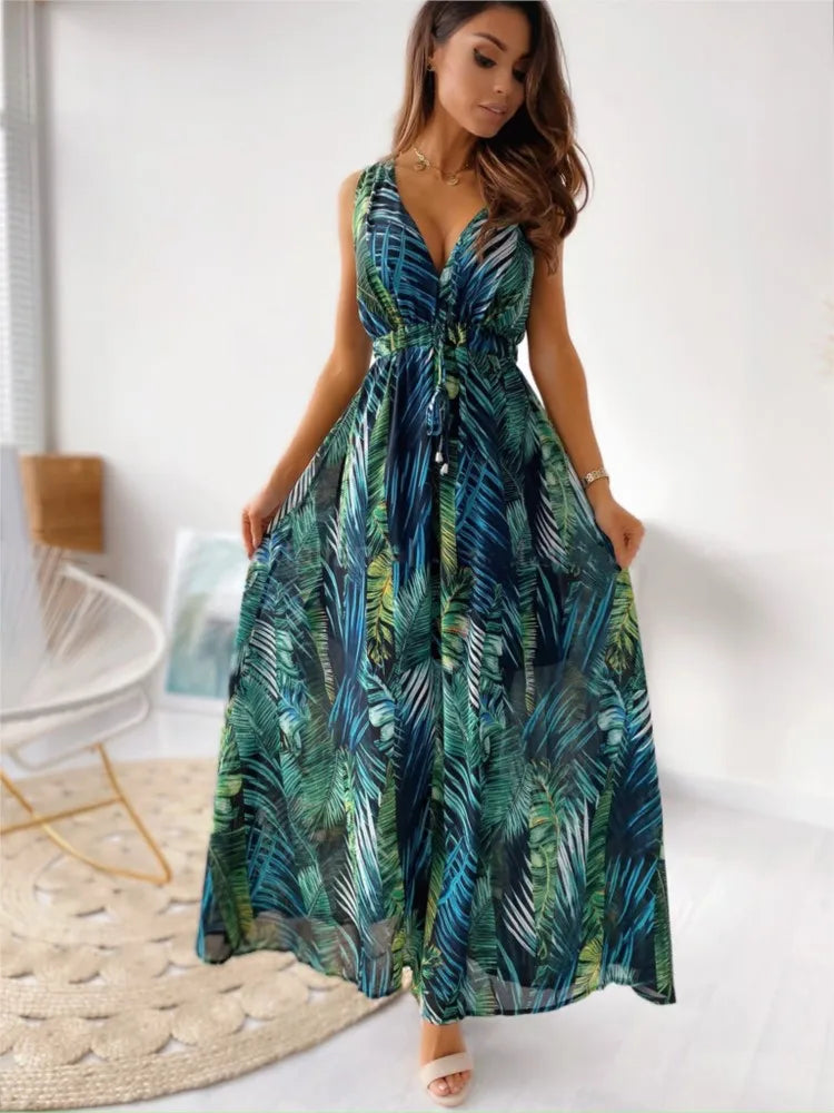 Women's Print Dress Fashion V-Neck Sleeveless High Waist Loose Dresses Robe Femme Casual Party Holiday Dresses For Women Summer
