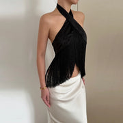 Solid Satin Women Fringe Top Cross Halter Neck Sleeveless Off Shoulder Backless Fashion Crop Tank Tops 2026 Summer Chic Outfits