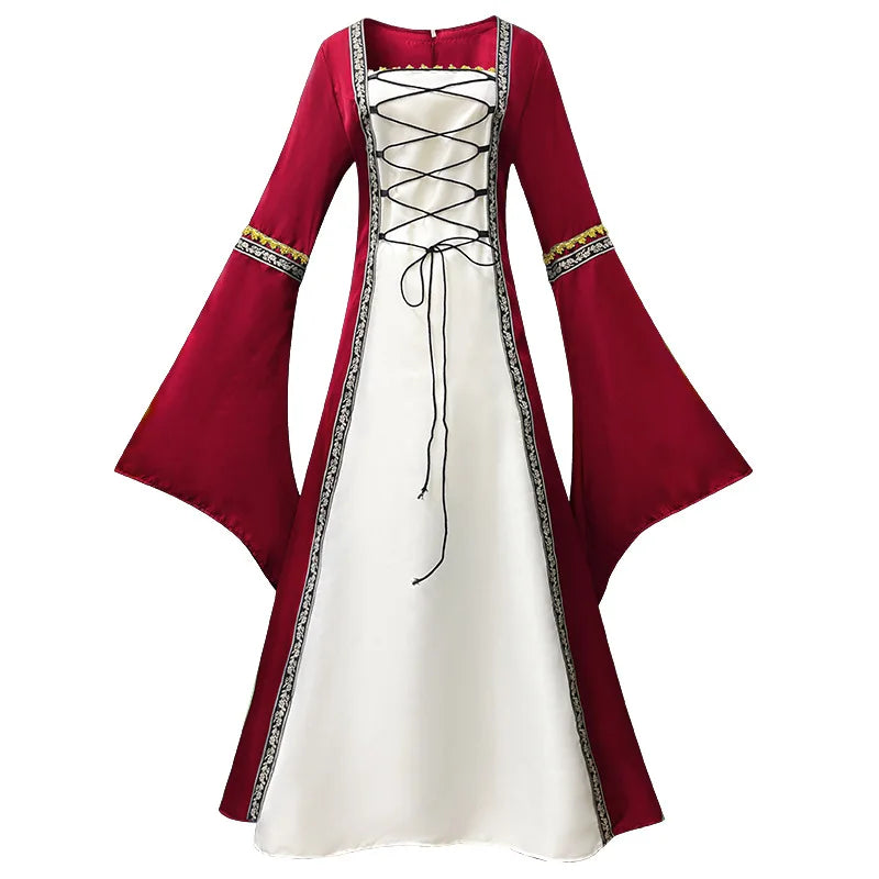 Women’s Medieval Costume Halloween Fashion Dress Vintage Full-Skirted Long-Sleeved Dress Lace-Detail Party and Casual Dress