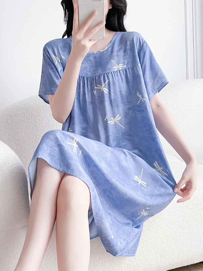 Women's Cotton Silk Sleep Dress Thin Short Sleeve Long Summer Breathable Sweat Absorbent Outerwear Casual Home Leisure Print