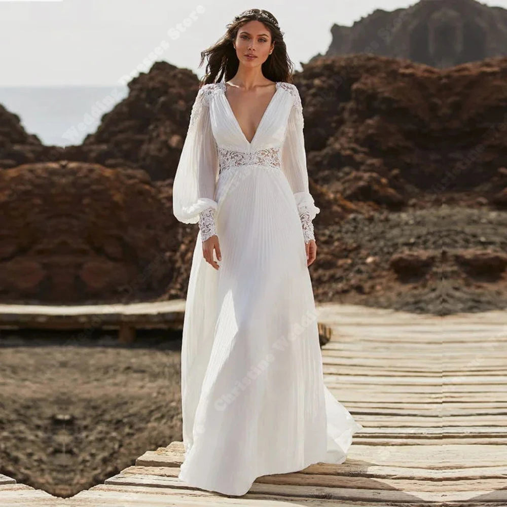 Elegant Women Wedding Dresses Deep-V A-Line Lace Bridal Gowns Backless Mopping Length Lace Printing Vestidos De Novia Customized