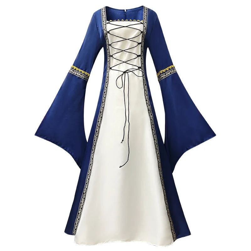 Women’s Medieval Costume Halloween Fashion Dress Vintage Full-Skirted Long-Sleeved Dress Lace-Detail Party and Casual Dress