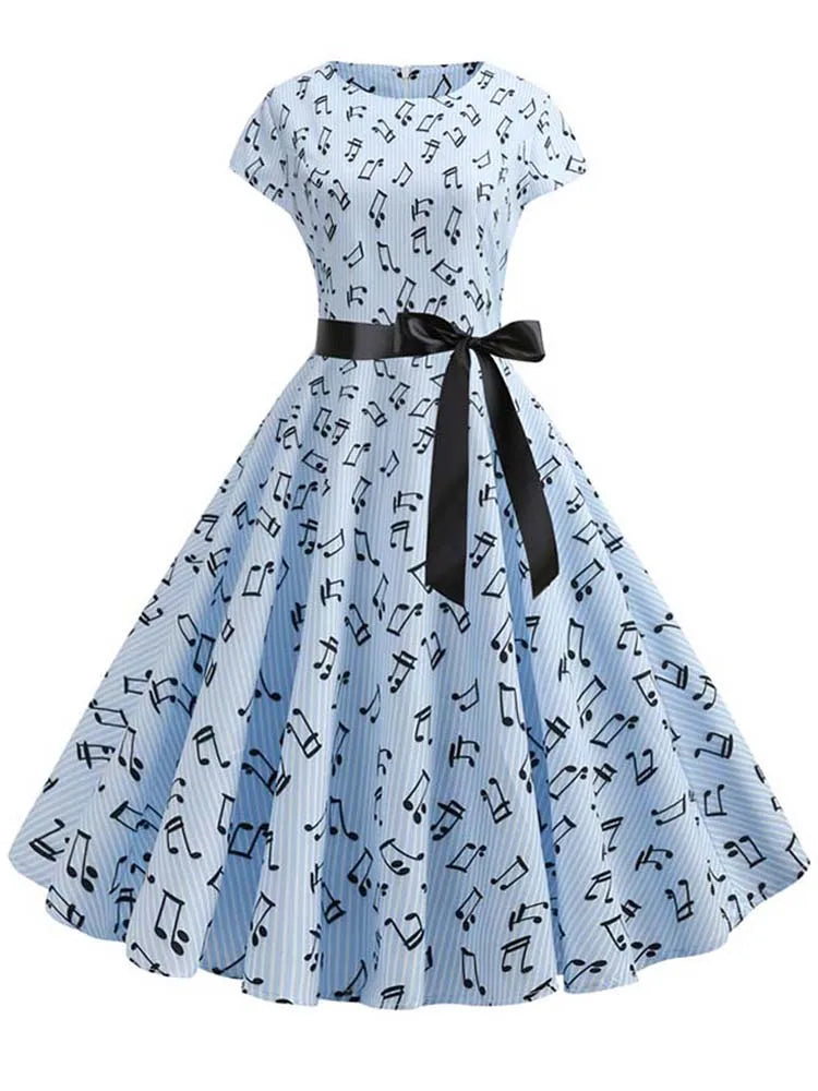 Women Summer Music Note Print Dress 50s 60s Robe Retro Swing Casual Vintage Party Dresses Vestidos