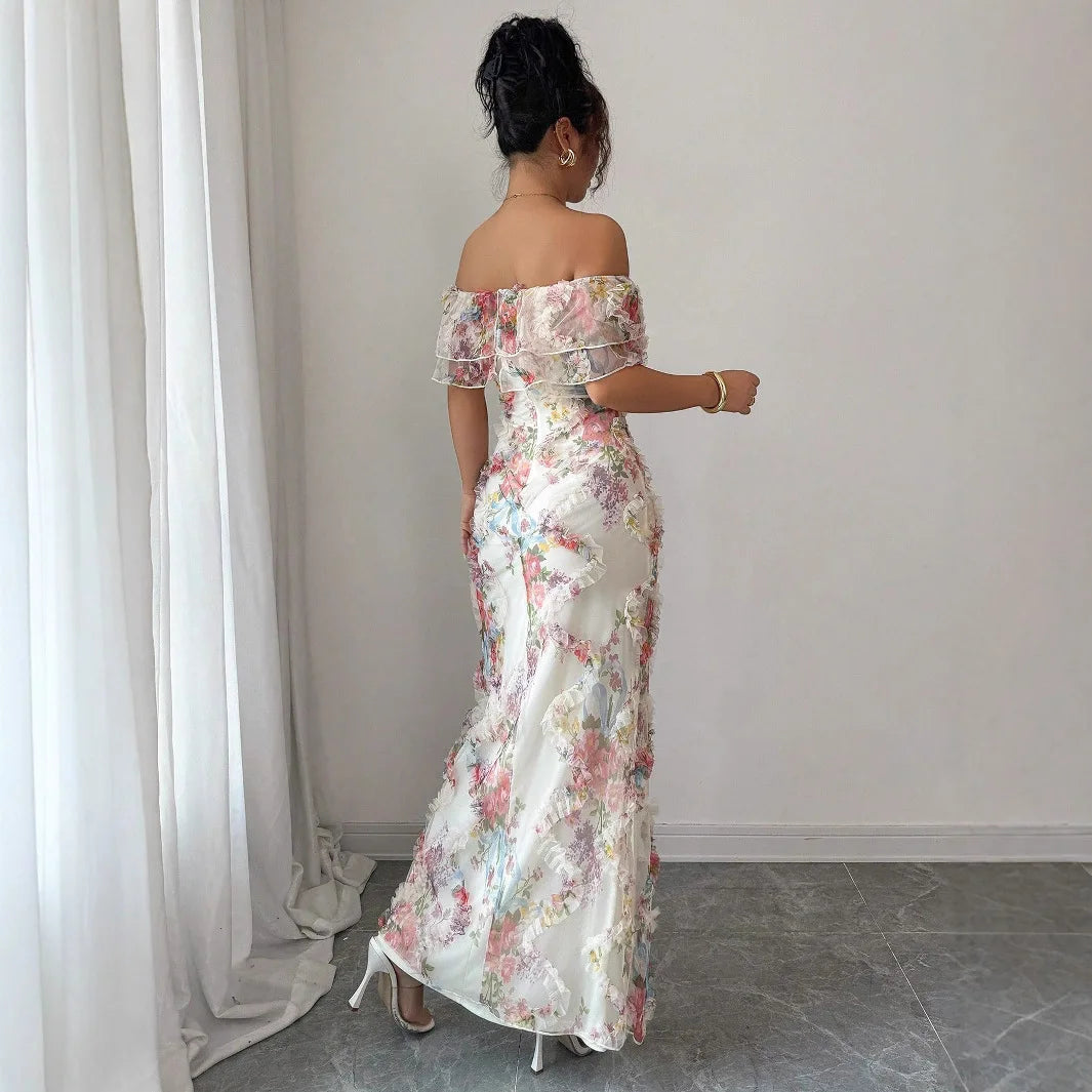 Women's Dresses Elegant and Romantic Ruffled Dress Ladies Sexy Off-the-Shoulder Fitted Mesh Floral Dress Party Gown for Female