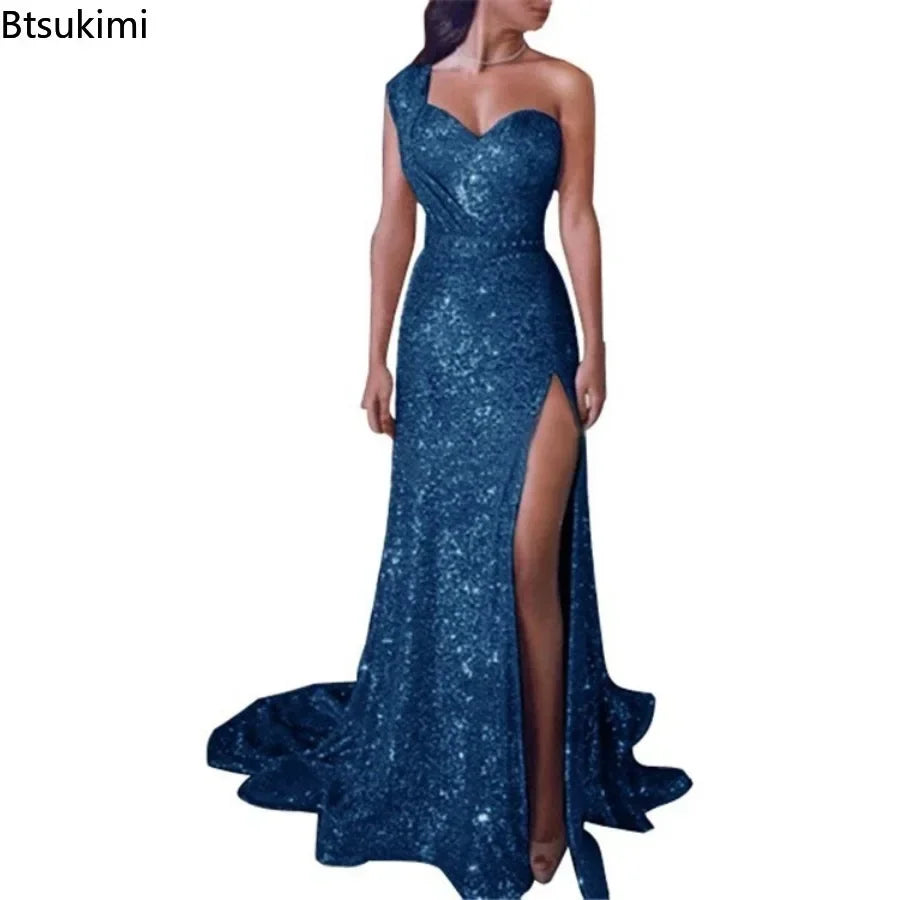 2026 Women's Wedding Party Dress Evening Elegant Sexy Deep V Neck One Shoulder Sleeveless Sequined Long Maxi Dresses For Women