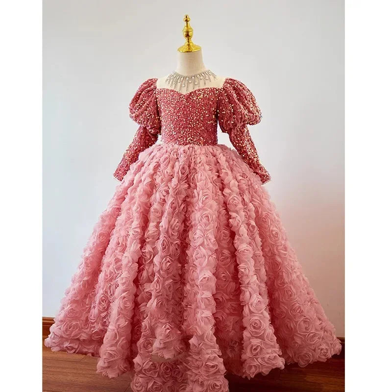 Children's Dress for Kids Girls Pink Beautiful Shiny Host Birthday Banquet Princess Dresses Rose Clothes Girls Piano Performance