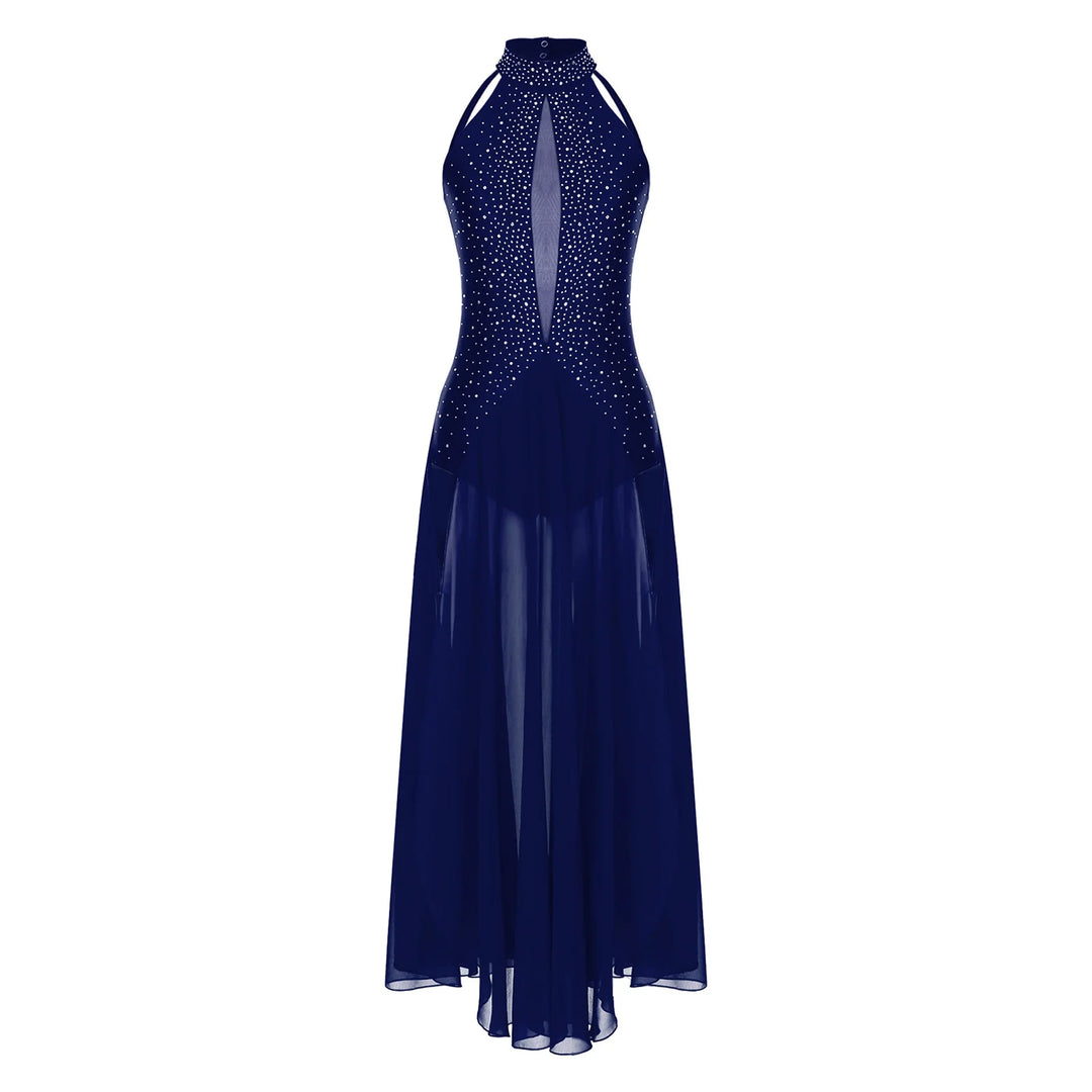 Women Lyrical Dance Dress Modern Contemporary Dancewear Halter Strappy Back Rhinestones Split Dress for Performance Competition