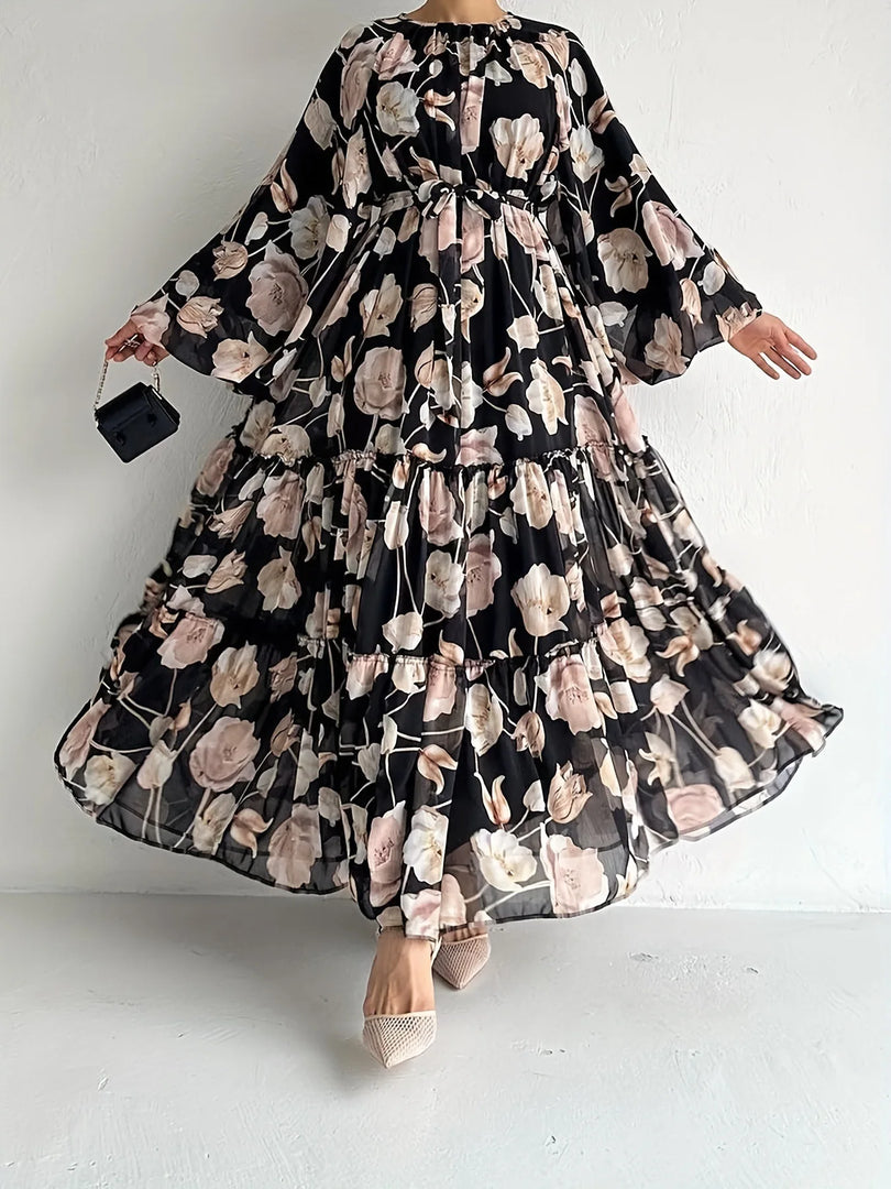 Muslim Women's Dress Casual Fashion Middle Eastern Chiffon Round Neck Tie-Dye with Belt Long Temperament Elegant Arab Dress