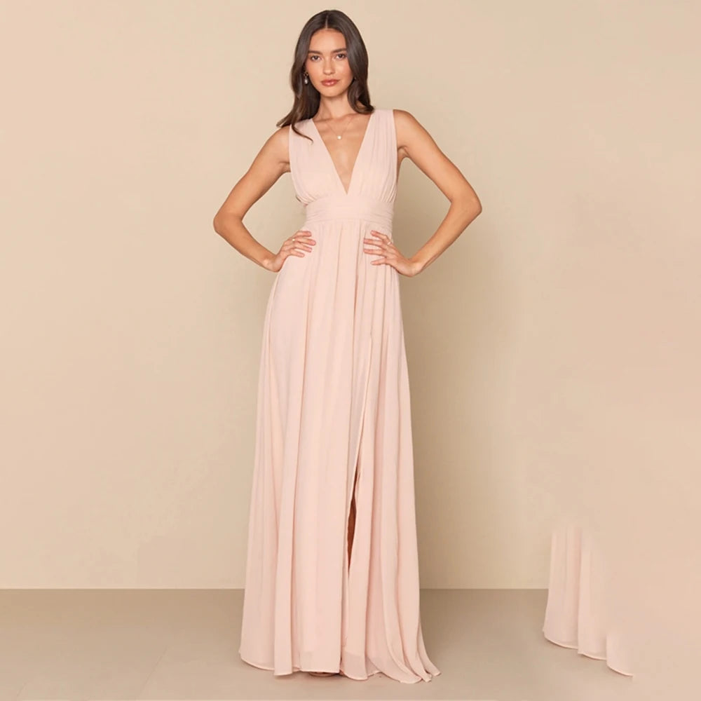 Evening Dresses Women's Formal Evening Gowns V Neck Sleeveless Draped High Slit Elegant Prom Party Gown Vestidos De Fiesta
