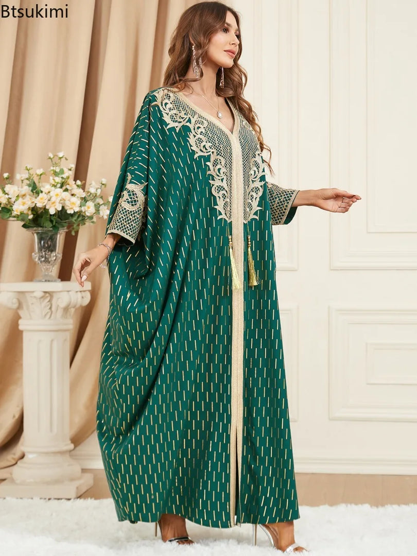 Muslim Dresses Women Elegant Long Robe Middle East Dubai Loose Abaya Bat Sleeve V-neck Tassel Evening Dress Femme Party Vestidos