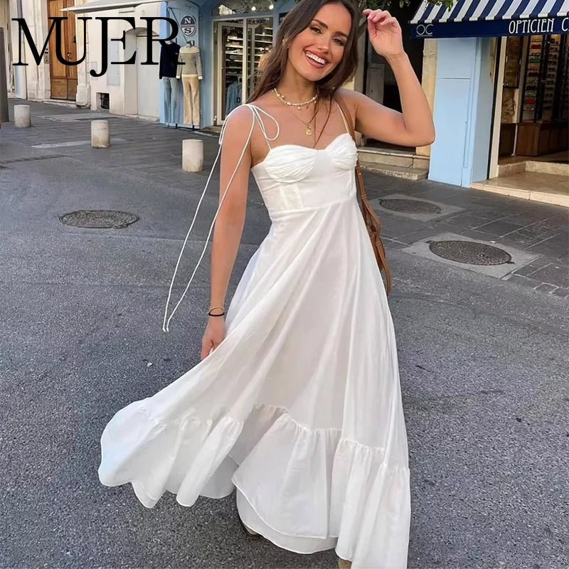 MUJER White Long Dresses For Women Ruffle Slip Corset Dress Woman Fashion Sleeveless Backless Summer Sexy Holiday Party Dresses
