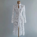 Load image into Gallery viewer, Women's Lace Dress for Women Fall Stand Collar Single Breasted Long Sleeve Coat Midi Dress See Through Elegant Sweet Dresses