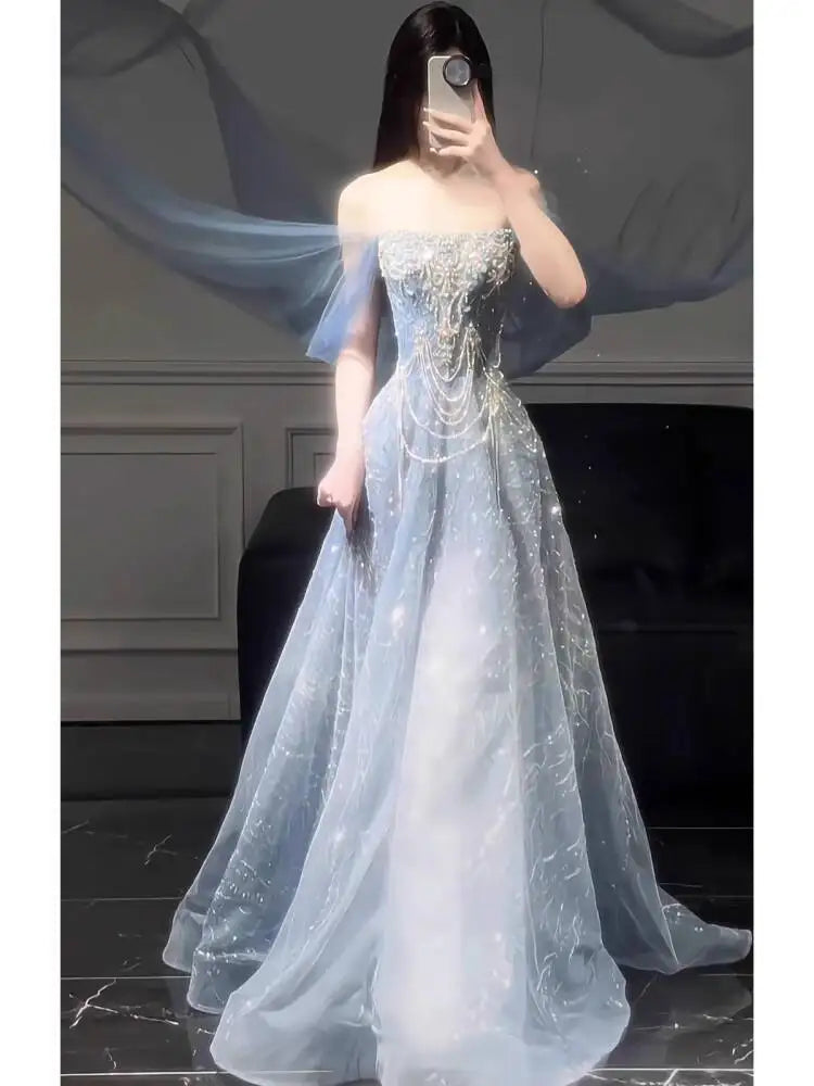 Blue Evening Dress For Women 2025 New High-End Sense Of Style Coming-of-Age Dress High-End Light Luxury Annual Meeting Art Exam