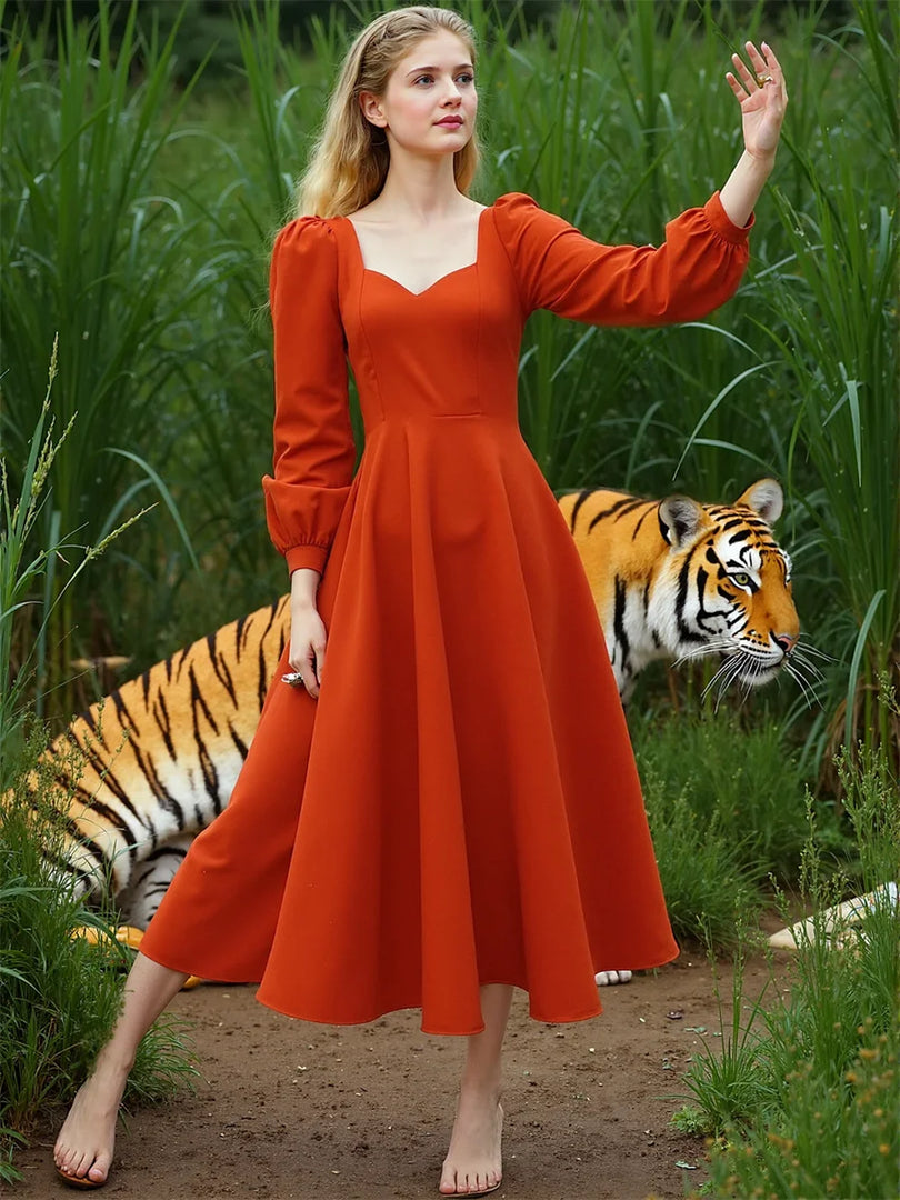 Women'S Dress Autumn Woman Long Sleeve Square Collar Elegant Beautiful Feminine Pretty Sweet Lovely Cute Fancy Exquisite Simple