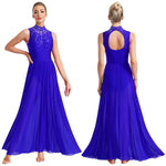 Load image into Gallery viewer, Womens Lyrical Dance Dresses Mock Neck Wide Hemline Shiny Rhinestones Maxi Dress Sleeveless Modern Contemporary Leotard Dresses