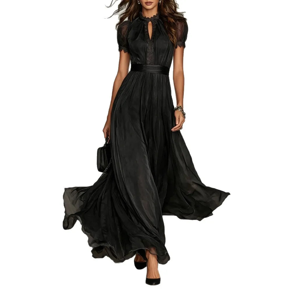 Women's Dress 2026 Summer New Style Stylish V-neck Waist Cinched Dress Breathable Slimming Ruffle Edge Girls' Big Swing Dress