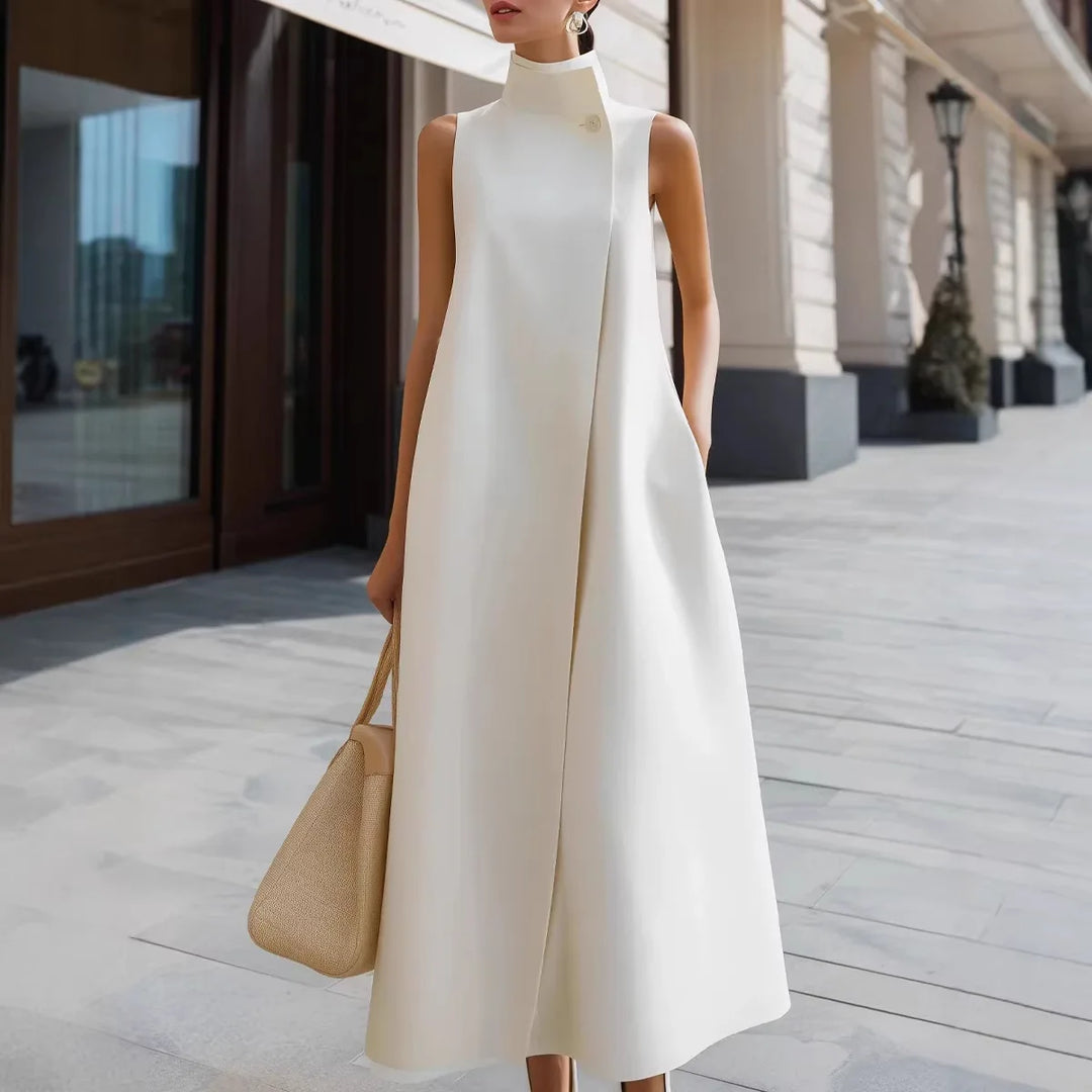2026 New Women's Summer Dresses White Elegant Commuter Long Dress Stand Collar Single Button Sleeveless Party Dresses for Women