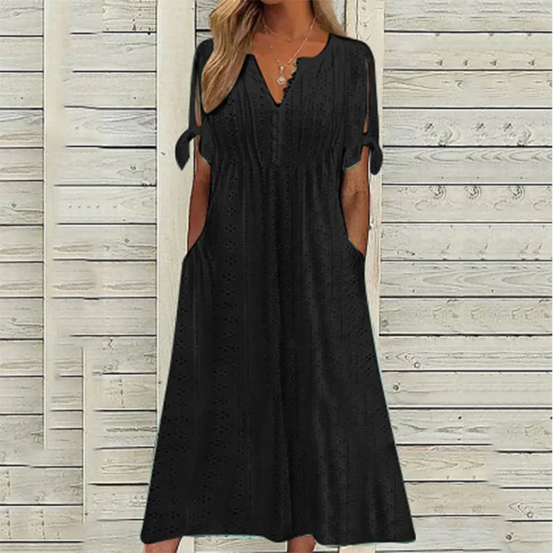 New women's dress, with slits and open V-neck, lace ruffles, elegant mid-length women's casual party dress