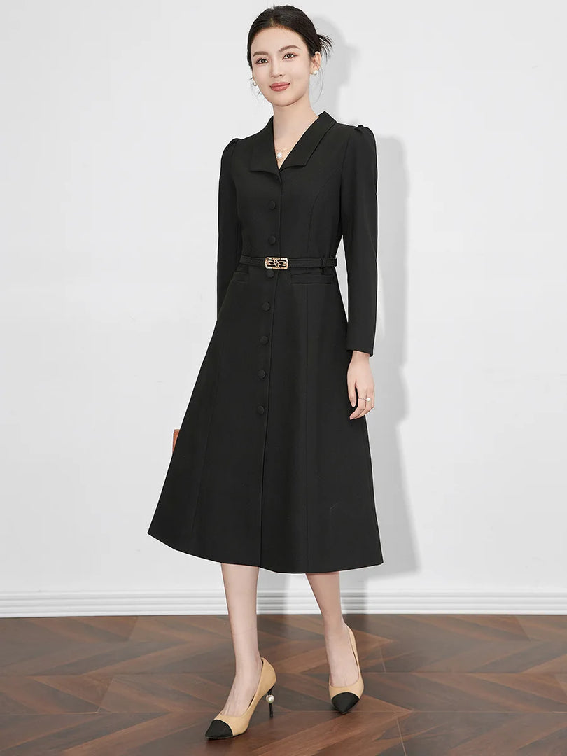 Dresses For Women 2024 Luxury Brand Autumn Long Dress Women's Turn-down Collar Sleeves Single Breasted Sashes Office Lady