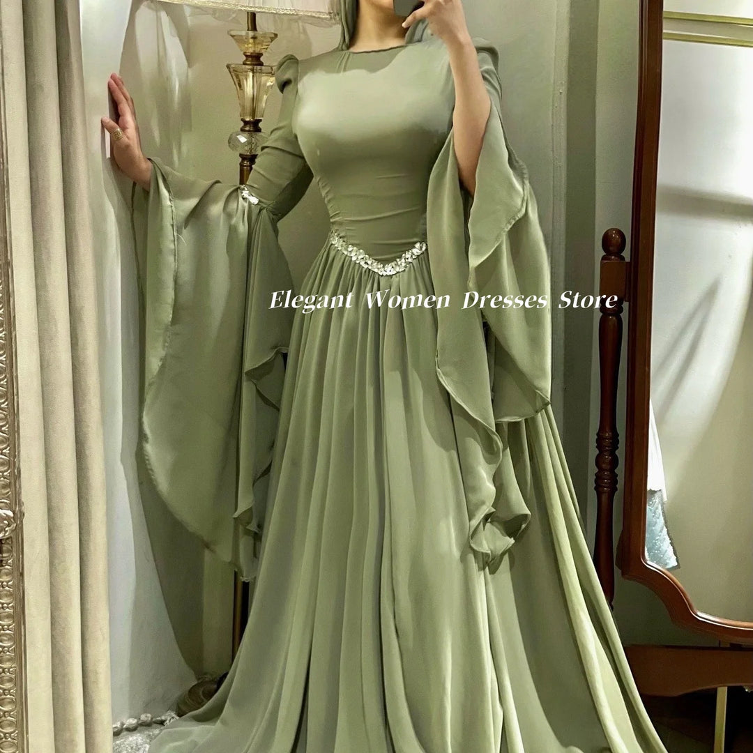 Muslim Women Evening Dresses Long Sleeve Summer Chiffon Party Dresses A Line Sage Green Prom Dress فساتين سهرة Customized