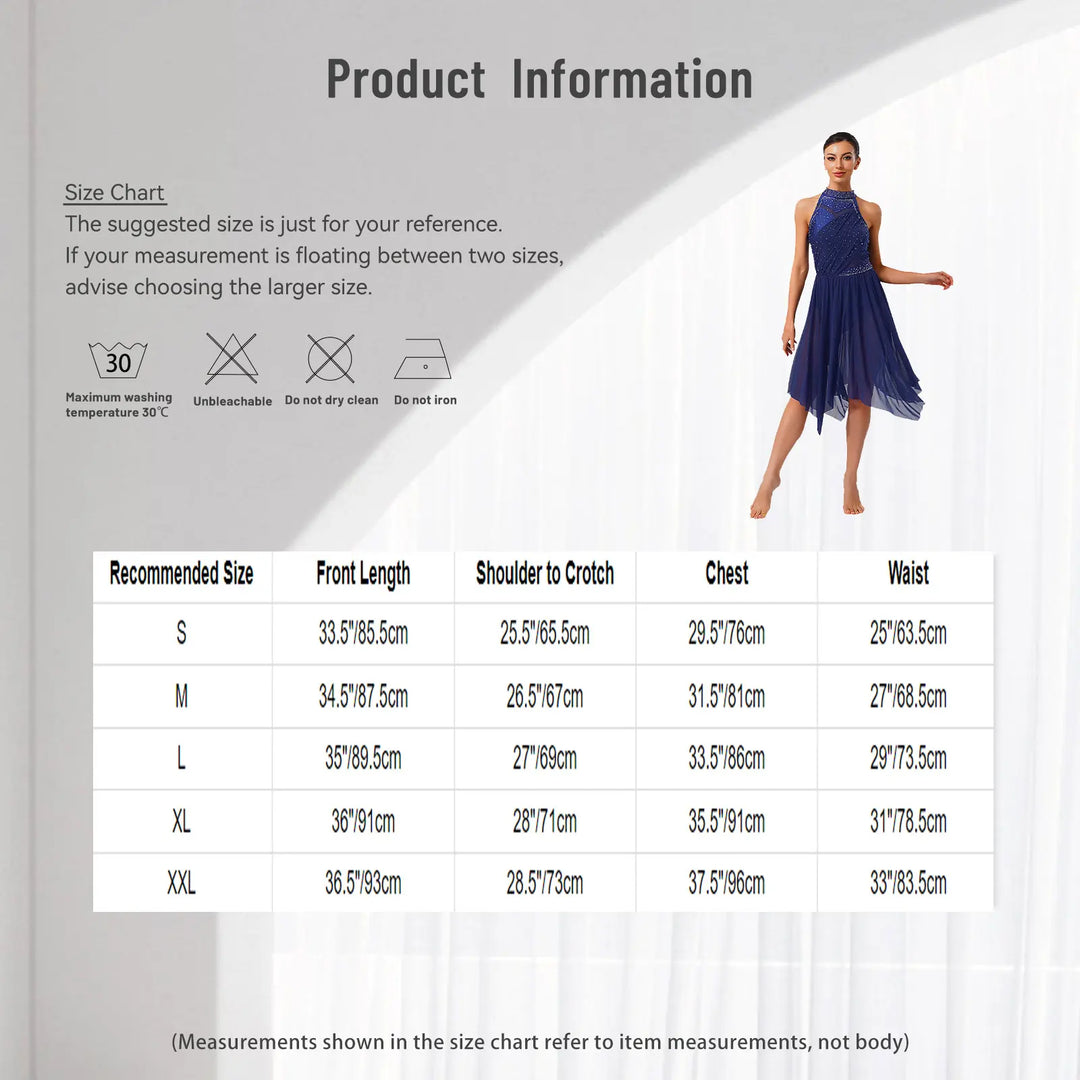 Women Lyrical Dance Dress Halter Glittery Rhinestones Patchwork Irregular Mesh Ruffled Hem Dress for Dance Classes Competition
