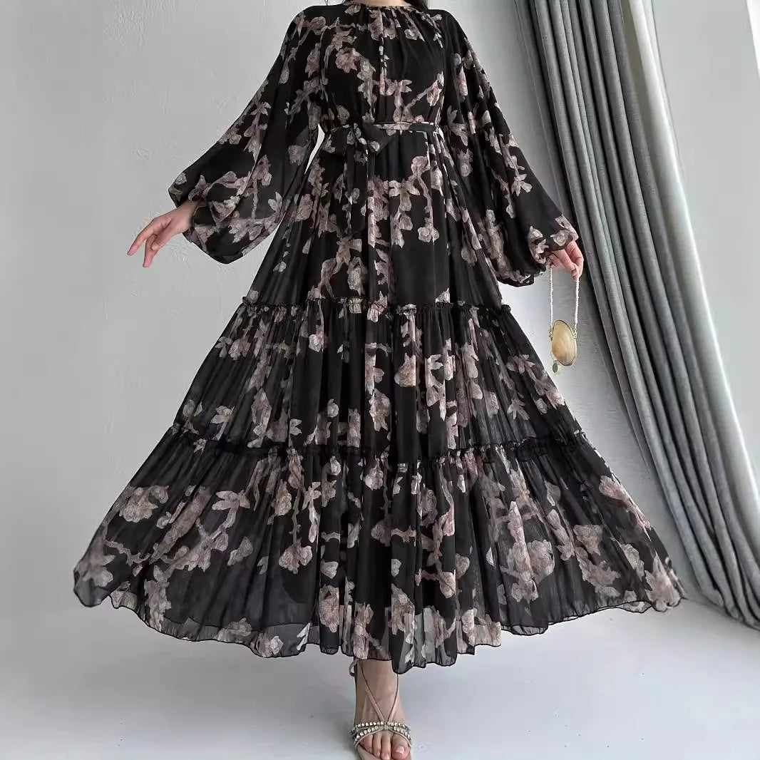Muslim Women's Dress Casual Fashion Middle Eastern Chiffon Round Neck Tie-Dye with Belt Long Temperament Elegant Arab Dress