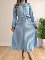 Load image into Gallery viewer, Women's Long Dresses Summer Elegant Pleated Long Sleeveed Lace Up Dresses Beach Boho Wrap Ruffle Hem Swing Sundress