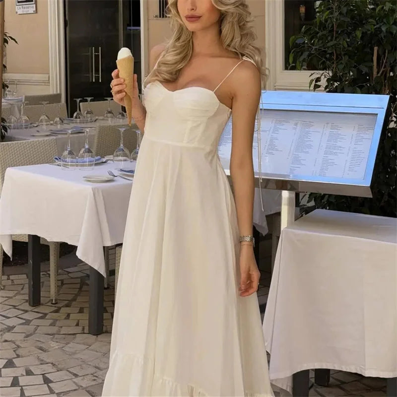 MUJER White Long Dresses For Women Ruffle Slip Corset Dress Woman Fashion Sleeveless Backless Summer Sexy Holiday Party Dresses