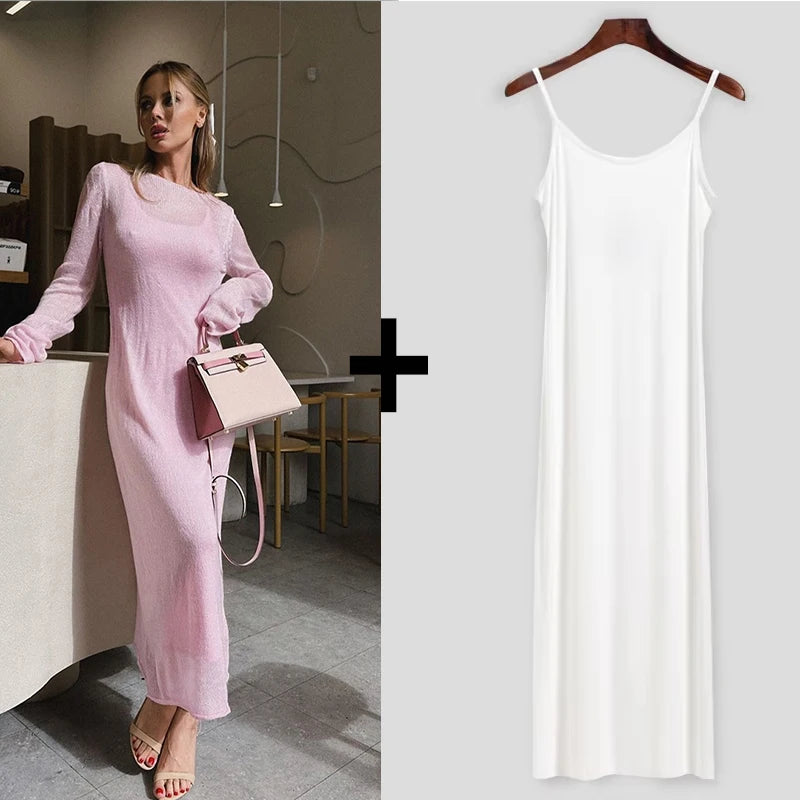 Sweet Pink Mohair Knitted Dress+Vests Dress Women New O-neck Casual Long Sleeve Dresses Suspenders Chic Vintage Two-piece Suit