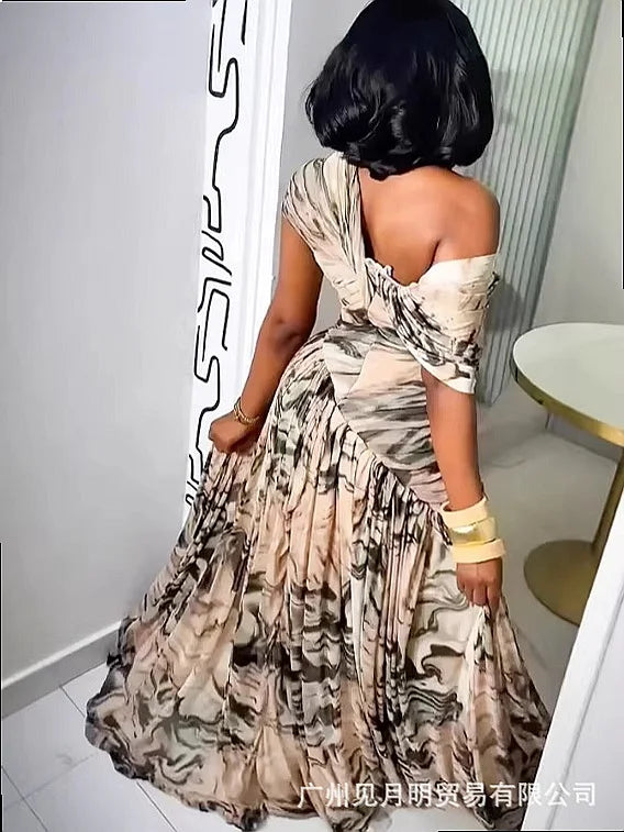 Women's Dresses Spring Summer Fashion Floral Print Off Shoulder High Waist Bodycon Pleated Midi Dress