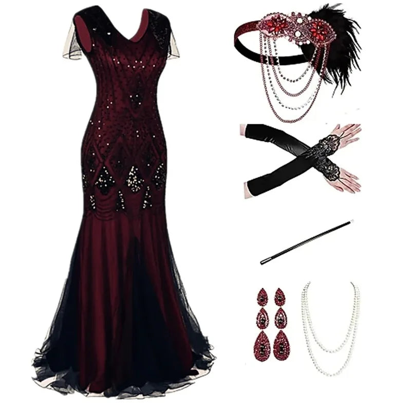 Women 1920s Flapper Dress with Accessories Dark Red Vintage V-Neck Ballroom Party Sequin Dress with Tassel Hem Evening Gown