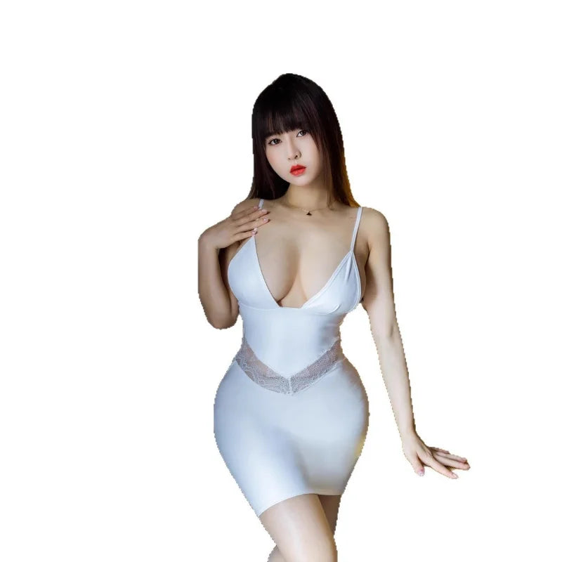 Women Sexy Bodycon Dresses Lace Deep V Erotic Lingerie Low Cut Tight Pu Leather Hip Dress Night Club Fantasy Erotic Wear