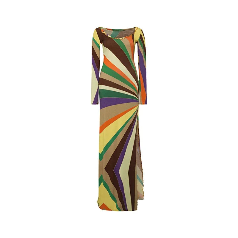 Women's Dresses Rainbow Outerwear Print Bodycon Maxi Dress Long Sleeve Summer Trendy High Slit Casual Evening Gown Woman Clothes