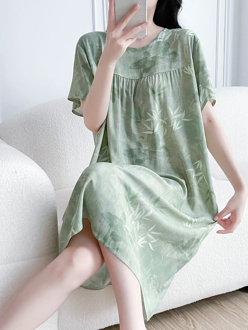Women's Cotton Silk Sleep Dress Thin Short Sleeve Long Summer Breathable Sweat Absorbent Outerwear Casual Home Leisure Print