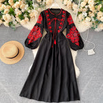 Load image into Gallery viewer, Bohemian Embroidered Dress for Women, Boho, Flower, O-Neck, Lantern Long Sleeve, High Waist, Cotton, White, Spring