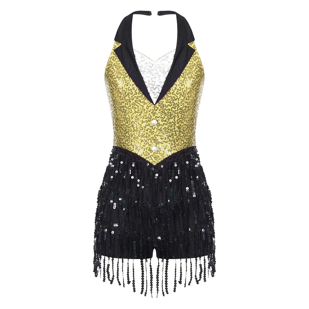 Women Modern Dance Dress Performance Costume Shiny Sequins Sleeveless Latin Jazz Tango Salsa Dance Leotard Bodysuit Dress Outfit