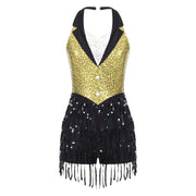 Women Modern Dance Dress Performance Costume Shiny Sequins Sleeveless Latin Jazz Tango Salsa Dance Leotard Bodysuit Dress Outfit