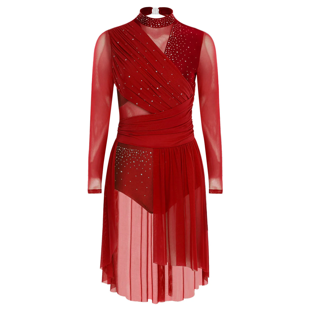 Womens Gymnastics Lyrical Ballet Dance Glittery Rhinestone Dress Ruched Backless Leotard Dresses Contemporary Dance Costumes