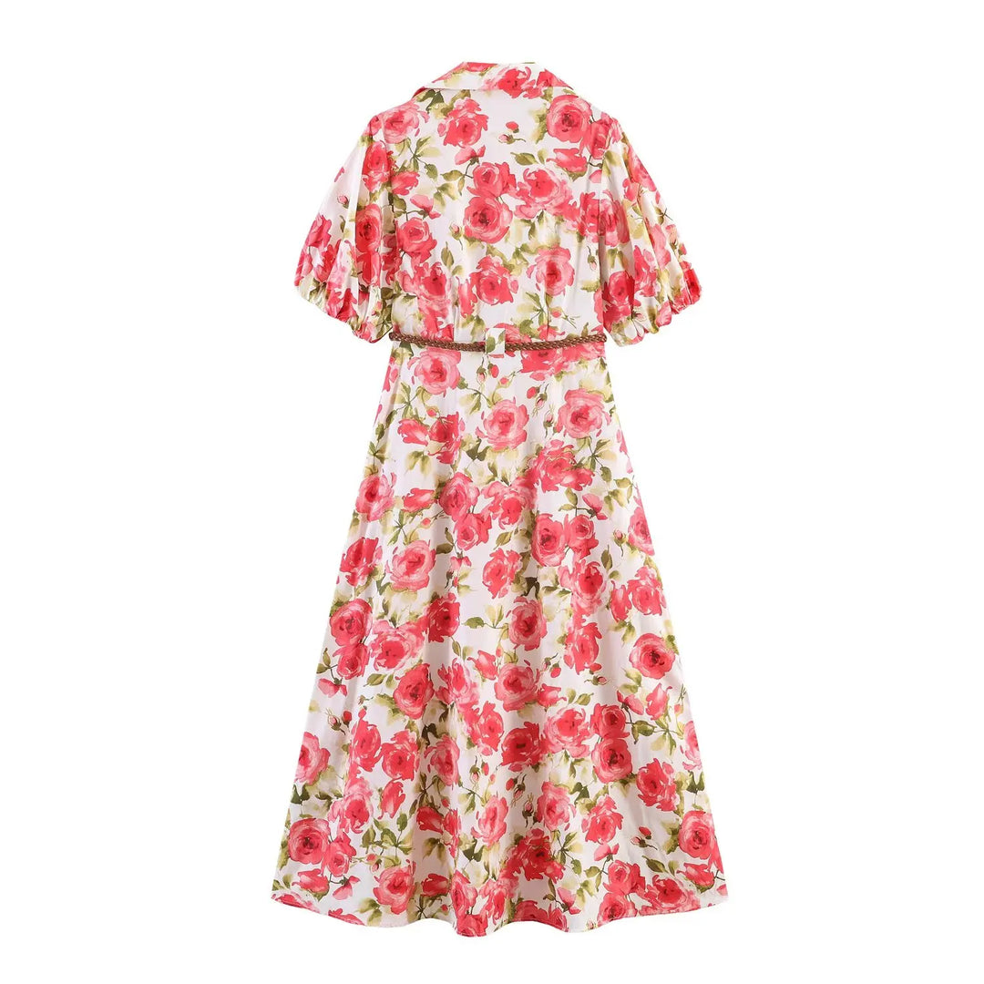 Women's Dresses Summer Female Fashion Floral Print Slim Dress With Belt Lady Chic High Waist V-Neck Bubble Short Sleeved Dress