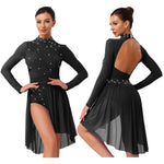 Load image into Gallery viewer, Womens Gymnastics Lyrical Ballet Dance Glittery Rhinestone Dress Ruched Backless Leotard Dresses Contemporary Dance Costumes