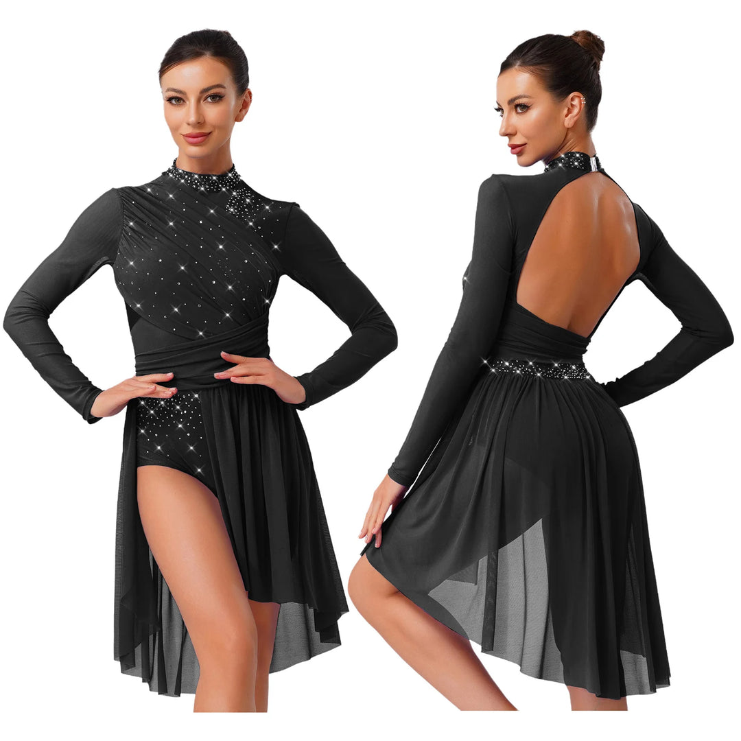 Womens Gymnastics Lyrical Ballet Dance Glittery Rhinestone Dress Ruched Backless Leotard Dresses Contemporary Dance Costumes