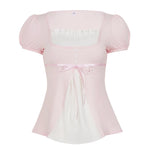 Load image into Gallery viewer, [RUOKE] Casual Y2K Contrast Color Top Women Spring Summer Square Neck Puff Sleeve Bow Slim A-line Babydoll Blouse Sweet Coquette