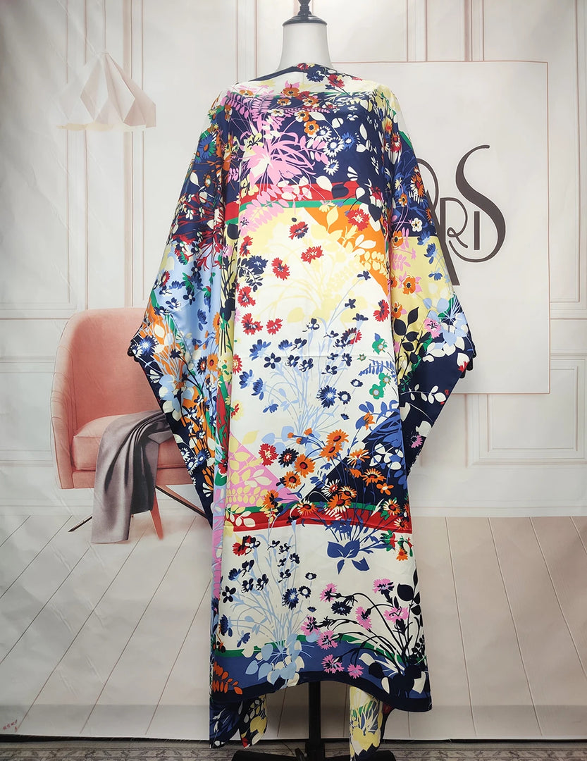 African Dress For Women Elegant Floral Summer Twill Silk Kaftan Maxi Dress Boho Sexy lady Beach Wear Caftan Dubai Muslim Ramadan