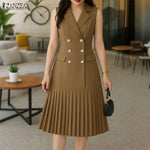 Load image into Gallery viewer, Women's Office Wear Pleated Midi Dresses Elegant Notched Lapel Double-Breasted Sleeveless Blazer Dress Summer Solid Robes Femme