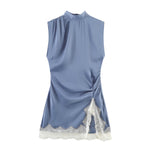 Load image into Gallery viewer, Womens Dresses Elegant Blue Dress For Women High Neck Sleeveless With Ruffled Lace Hem Autumn Winter Slim Fit Mini Dress Brand