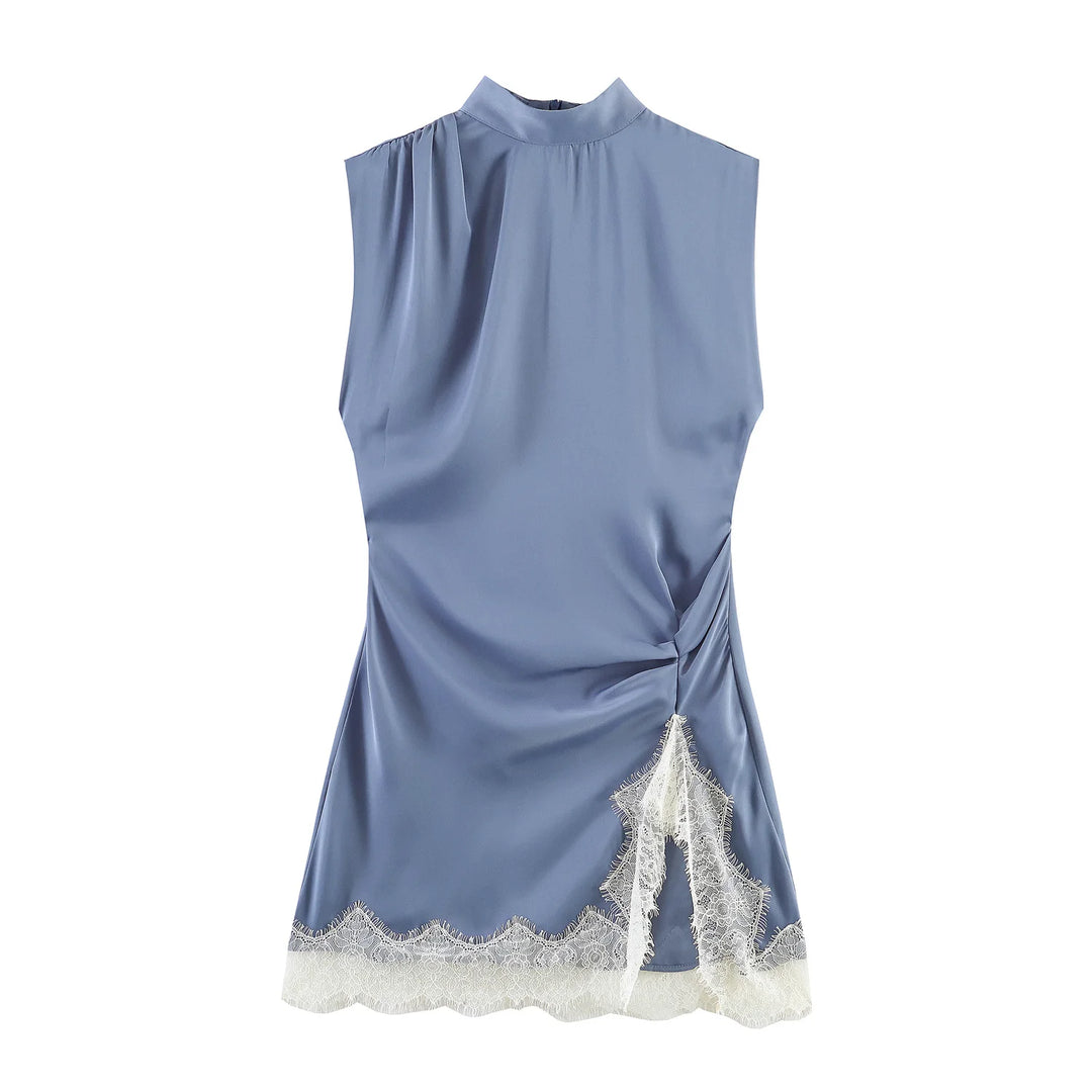 Womens Dresses Elegant Blue Dress For Women High Neck Sleeveless With Ruffled Lace Hem Autumn Winter Slim Fit Mini Dress Brand